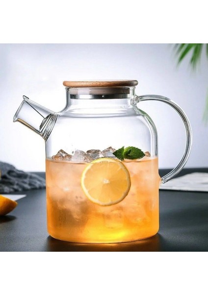 Ateşe Dayanıklı Borosilikat Cam Bambu Kapaklı Bitki Çayı Demliği & Sürahi 1800 ml