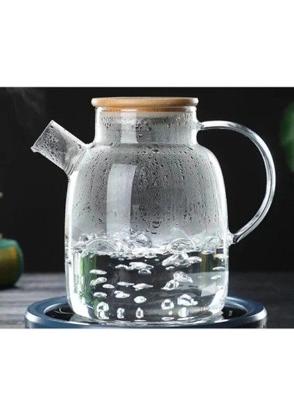 Ateşe Dayanıklı Borosilikat Cam Bambu Kapaklı Bitki Çayı Demliği & Sürahi 1800 ml