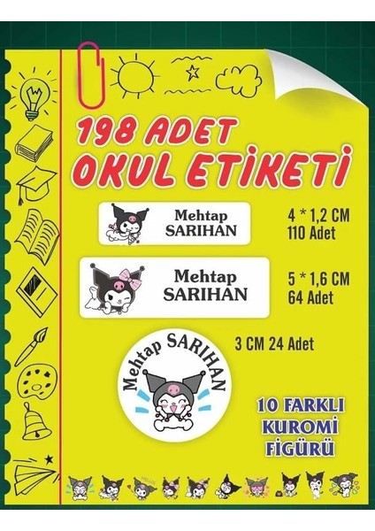 Isim Baskılı Defter Kalem Okul Etiketi ( 198 Adet Kuromi Temalı )