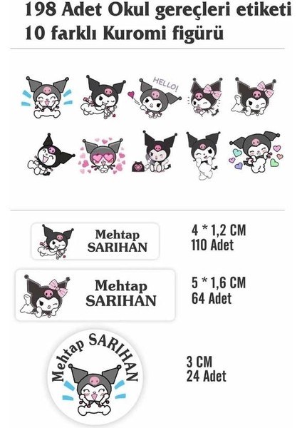 Isim Baskılı Defter Kalem Okul Etiketi ( 198 Adet Kuromi Temalı ) fiyatları