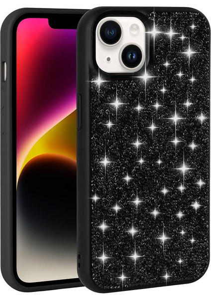 Apple iPhone 14 Kılıf Parlak Taşlı Tasarım Uzrm Pırlanta Kapak-Beyaz