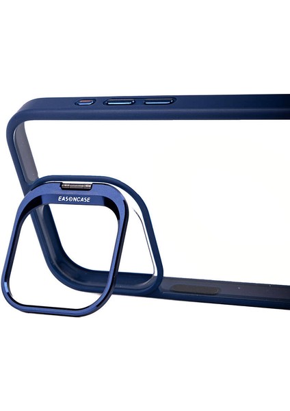 Apple iPhone 15 Pro Max Kılıf Kamera Lens Korumalı Standlı Uzrm Klon Lensli Kapak-Lacivert