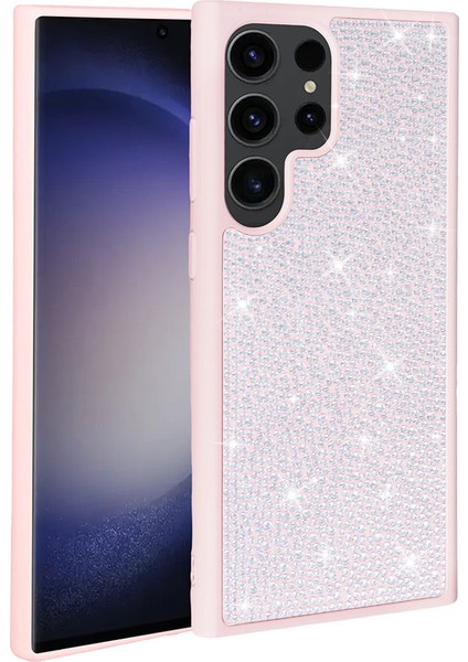 Samsung Galaxy S23 Ultra Kılıf Parlak Taşlı Tasarım Uzrm Ston Kapak-Pembe