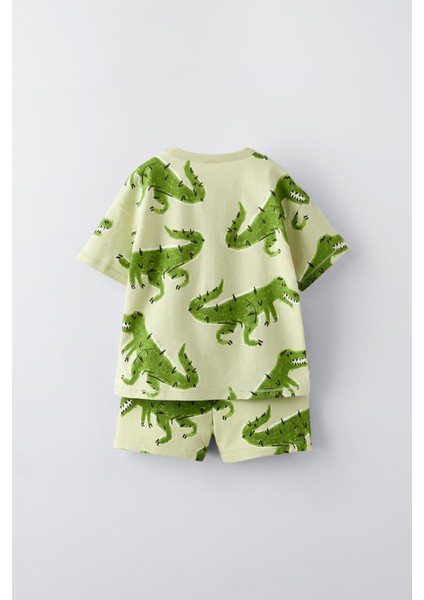 Erkek Çocuk Pamuklu Açık Yeşil Dinozor Desenli Yazlık Şortlu T-Shirt Takım