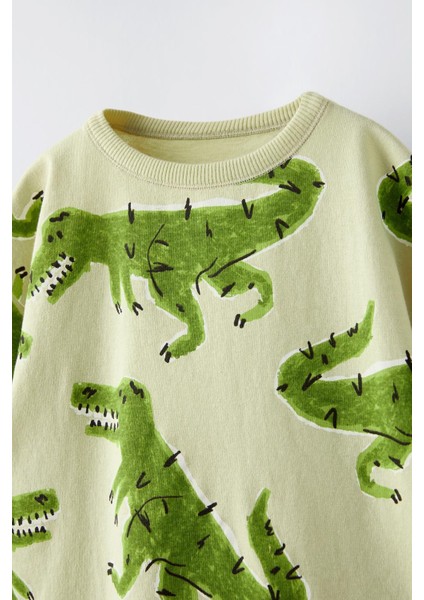 Erkek Çocuk Pamuklu Açık Yeşil Dinozor Desenli Yazlık Şortlu T-Shirt Takım