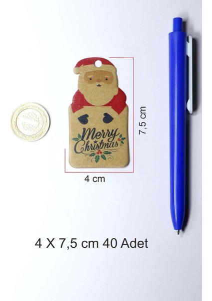 Noel Baba Temalı Yeni Yıl Etiketi- Merry Christmas -Kraft Yılbaşı Etiketi (4 X7,5 Cm) 40 Adet