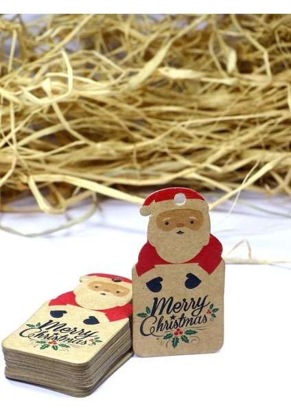 Noel Baba Temalı Yeni Yıl Etiketi- Merry Christmas -Kraft Yılbaşı Etiketi (4 X7,5 Cm) 40 Adet