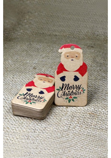 Noel Baba Temalı Yeni Yıl Etiketi- Merry Christmas -Kraft Yılbaşı Etiketi (4 X7,5 Cm) 40 Adet