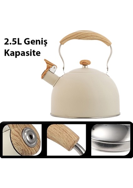 Paslanmaz Çelik Düdüklü Çaydanlık, Ahşap Saplı, 2.5L, Şık ve Dayanıklı Tasarım indirimleri