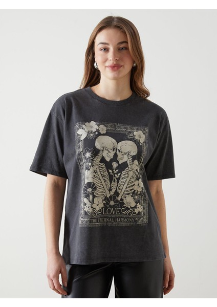 Lcw Vision Bisiklet Yaka Baskılı Oversize Kadın Tişört (S5)