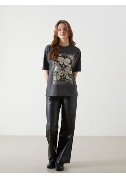 Lcw Vision Bisiklet Yaka Baskılı Oversize Kadın Tişört (S5) fiyatları