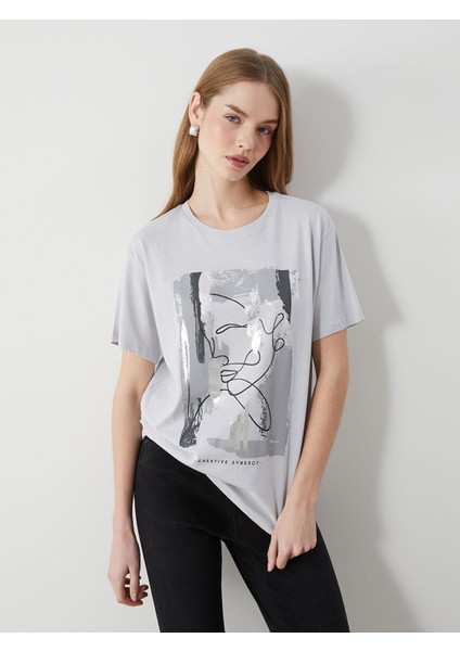 Lcw Vision Bisiklet Yaka Baskılı Penye Kadın Tişört (S5)