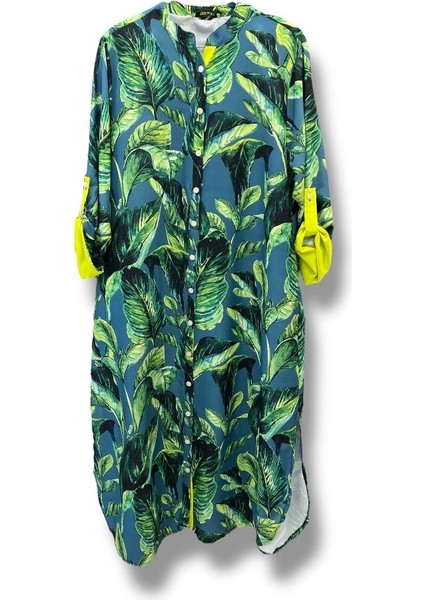 Tropikal Yaprak Desenli Uzun Kadın Elbise-Mavi