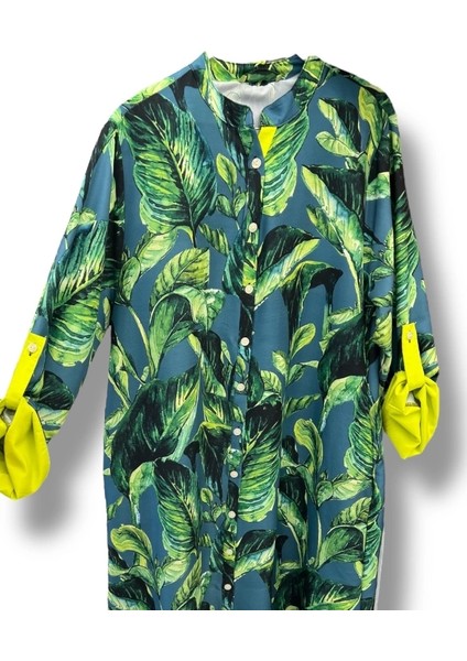 Tropikal Yaprak Desenli Uzun Kadın Elbise-Mavi modelleri