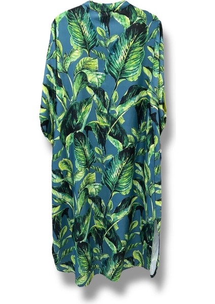 Tropikal Yaprak Desenli Uzun Kadın Elbise-Mavi fırsatları