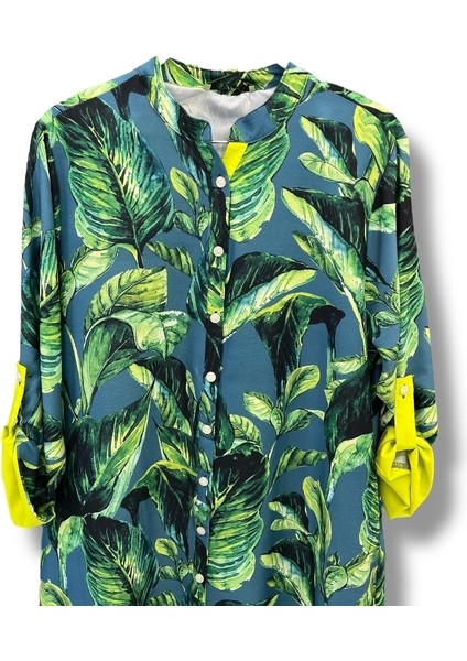 Tropikal Yaprak Desenli Uzun Kadın Elbise-Mavi indirimleri