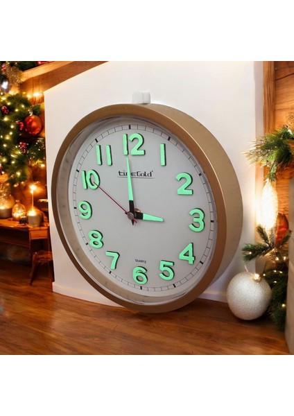 Fosforlu 3D Kabartma Rakam Mini Küçük Saat Duvar Saati Çap 22 cm Gold