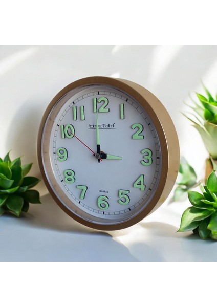 Fosforlu 3D Kabartma Rakam Mini Küçük Saat Duvar Saati Çap 22 cm Gold
