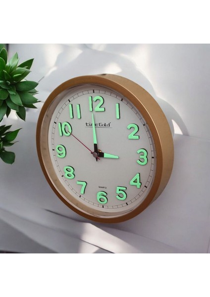 Fosforlu 3D Kabartma Rakam Mini Küçük Saat Duvar Saati Çap 22 cm Gold