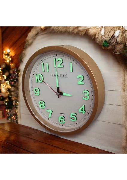 Fosforlu 3D Kabartma Rakam Mini Küçük Saat Duvar Saati Çap 22 cm Gold