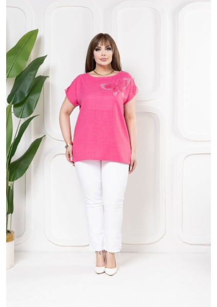 Büyük Beden Kelebek Dantel Detaylı Şık Bluz