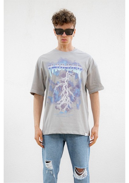 Baskılı Kısa Kollu Oversize T-Shirt Ice Gri