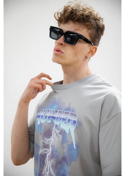 Baskılı Kısa Kollu Oversize T-Shirt Ice Gri