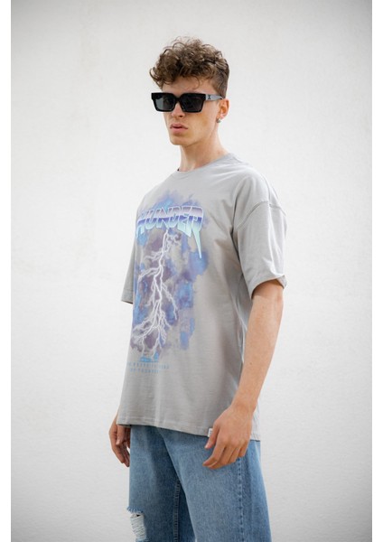 Baskılı Kısa Kollu Oversize T-Shirt Ice Gri