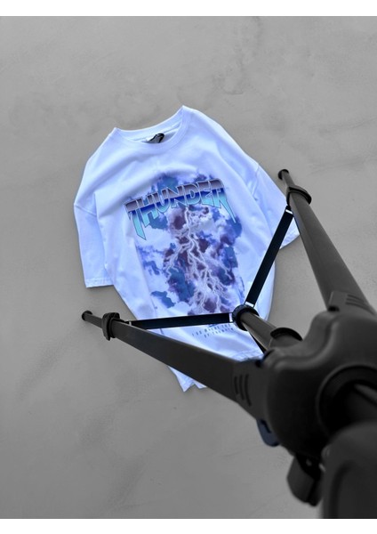 Online Baskılı Kısa Kollu Oversize T-Shirt Beyaz
