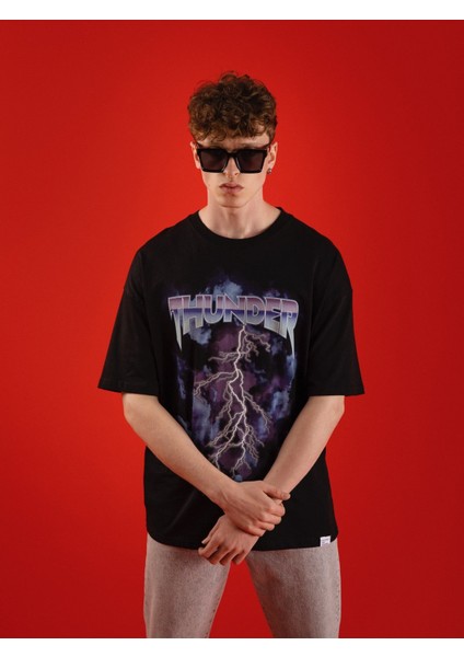 Baskılı Kısa Kollu Oversize T-Shirt Siyah