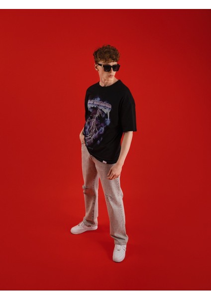 Baskılı Kısa Kollu Oversize T-Shirt Siyah fırsatları