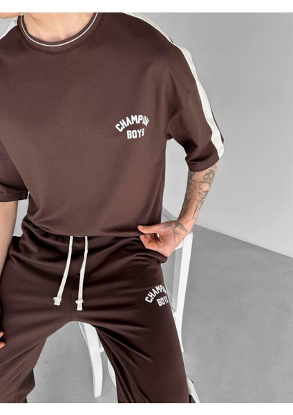 Erkek Yazlık Oversize 'champion Boys' Baskılı T-Shirt Kahverengi