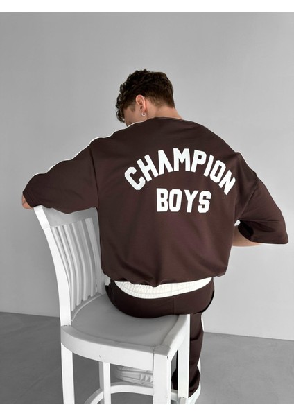 Erkek Yazlık Oversize 'champion Boys' Baskılı T-Shirt Kahverengi