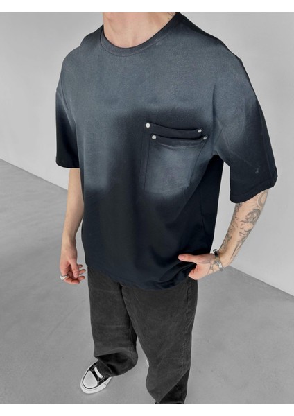 Erkek Yazlık Bisiklet Yaka Oversize Çift Katman Cepli T-Shirt Siyah