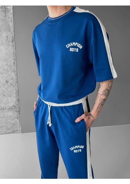 Erkek Yazlık Oversize 'champion Boys' Baskılı T-Shirt Mavi