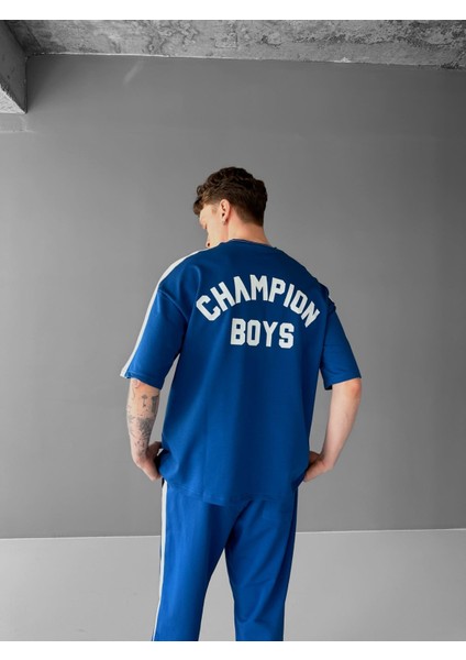 Erkek Yazlık Oversize 'champion Boys' Baskılı T-Shirt Mavi