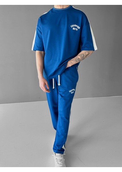 Erkek Yazlık Oversize 'champion Boys' Baskılı T-Shirt Mavi