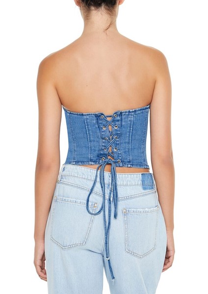 Straplez Yaka Denim Bluz