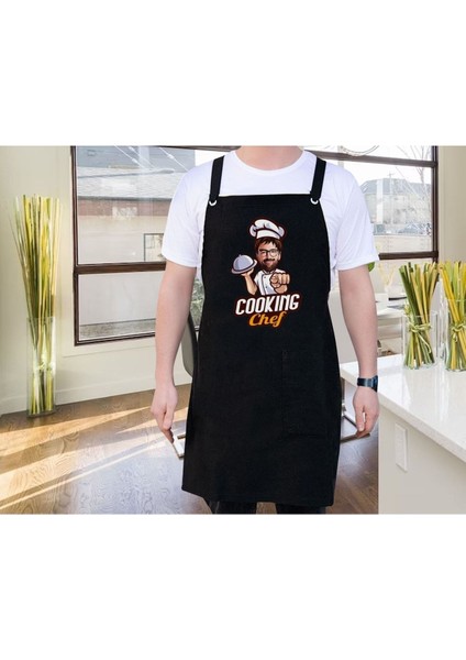 Kişiye Özel Erkek Chef Karikatürlü Siyah Mutfak Önlüğü, 77x150 Boyut, Renkli