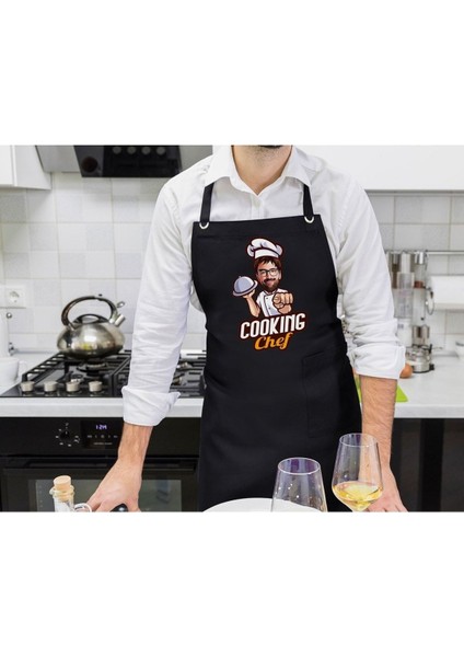 Kişiye Özel Erkek Chef Karikatürlü Siyah Mutfak Önlüğü, 77x150 Boyut, Renkli fiyatları