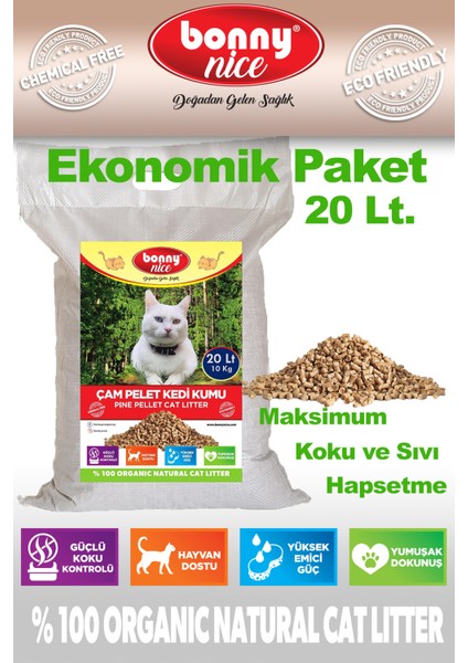 Yavru/Yetişkin Kedilere %100 Biyobozunur Astımlı&Alerjili Kedilere Kimyasal İçermeyen Çam Peleti Kedi Kumu 10 Kg. 20 Lt.