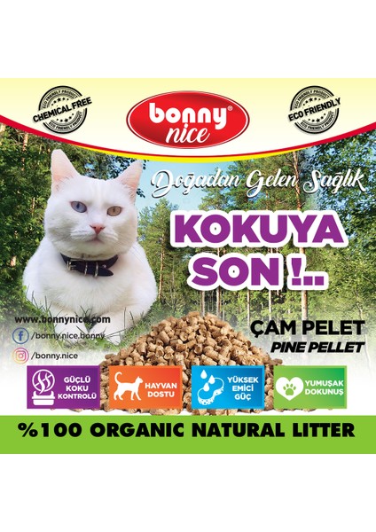 Yavru/Yetişkin Kedilere %100 Biyobozunur Astımlı&Alerjili Kedilere Kimyasal İçermeyen Çam Peleti Kedi Kumu 10 Kg. 20 Lt.