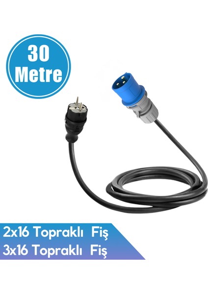 Karavan Elektrik Girişi Uzatma Kablosu 30 Metre 2x16A Fiş - 3x32A Fiş