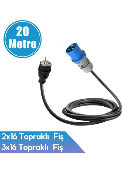 Karavan Uyumlu 20 Metre Uzatma Kablosu Bir Ucu 3x32A Erkek Fiş – Diğer Ucu 2x16A Erkek Fiş