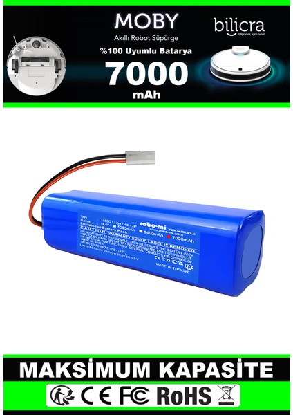 Bilicra Moby Akıllı Robot Süpürge Uyumlu Batarya 7000 Mah (Maksimum Kapasite)
