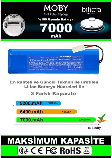 Bilicra Moby Akıllı Robot Süpürge Uyumlu Batarya 7000 Mah (Maksimum Kapasite)