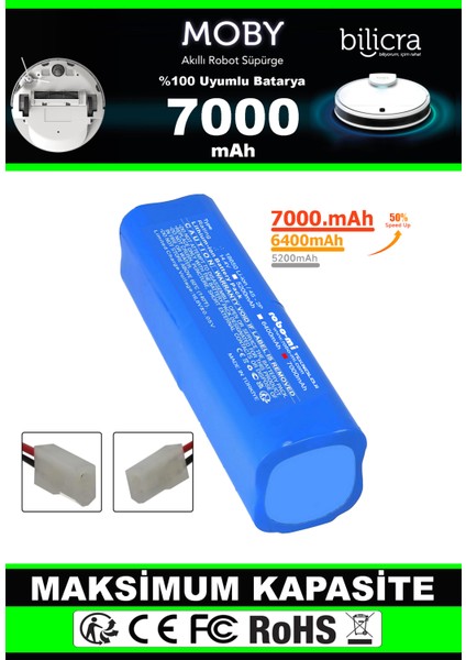 Bilicra Moby Akıllı Robot Süpürge Uyumlu Batarya 7000 Mah (Maksimum Kapasite)