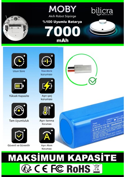 Bilicra Moby Akıllı Robot Süpürge Uyumlu Batarya 7000 Mah (Maksimum Kapasite)