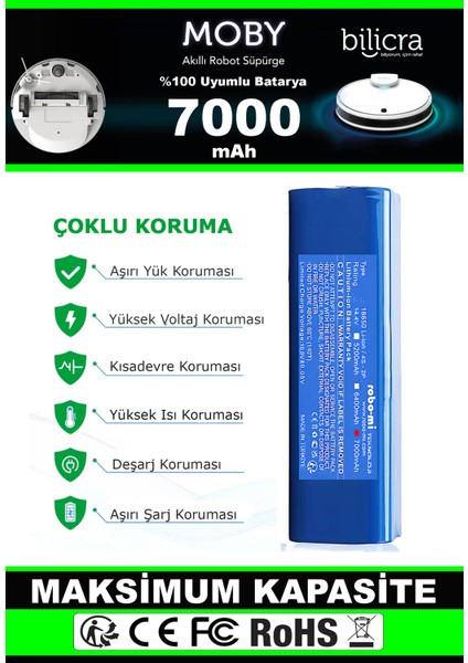 Bilicra Moby Akıllı Robot Süpürge Uyumlu Batarya 7000 Mah (Maksimum Kapasite)