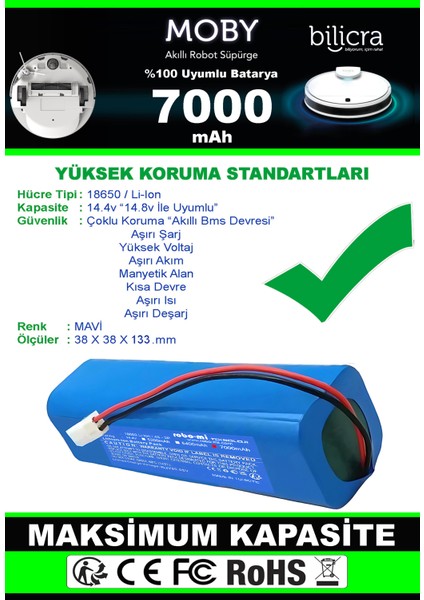 Bilicra Moby Akıllı Robot Süpürge Uyumlu Batarya 7000 Mah (Maksimum Kapasite)